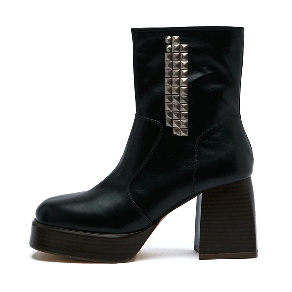 Black  Booties Round Toe Block Heel Boots For Women Nicepairs