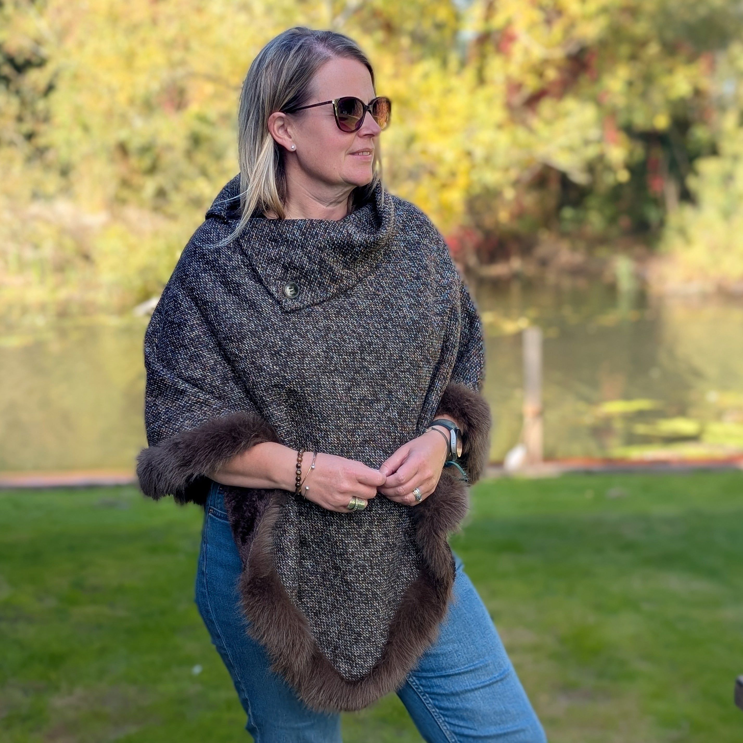Button Collar Faux Fur Trimmed Poncho - Brown