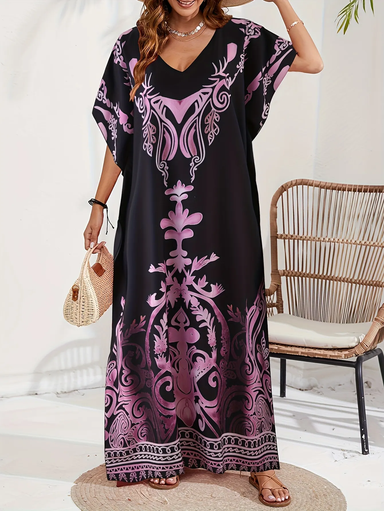 Womens Middle Eastern Turkish Kaftan Dress Elegant V-Neck Short Sleeve Floral Print Loose | IFYHOME
