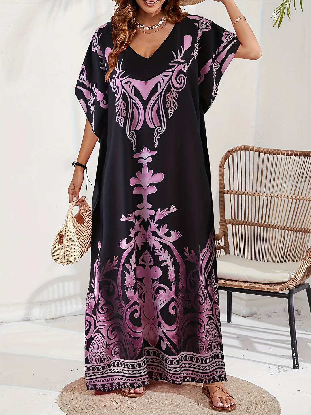 Women's Middle Eastern Turkish Kaftan Dress - Elegant V-Neck Short Sleeve Floral Print Loose Fit Long Dress With Slit Detail, Machine Washable Lightweight For Spring Summer Fall, Beachwear & Casual Outfits, Summer Outfit, Nontransparent Fabric | IFYHOME