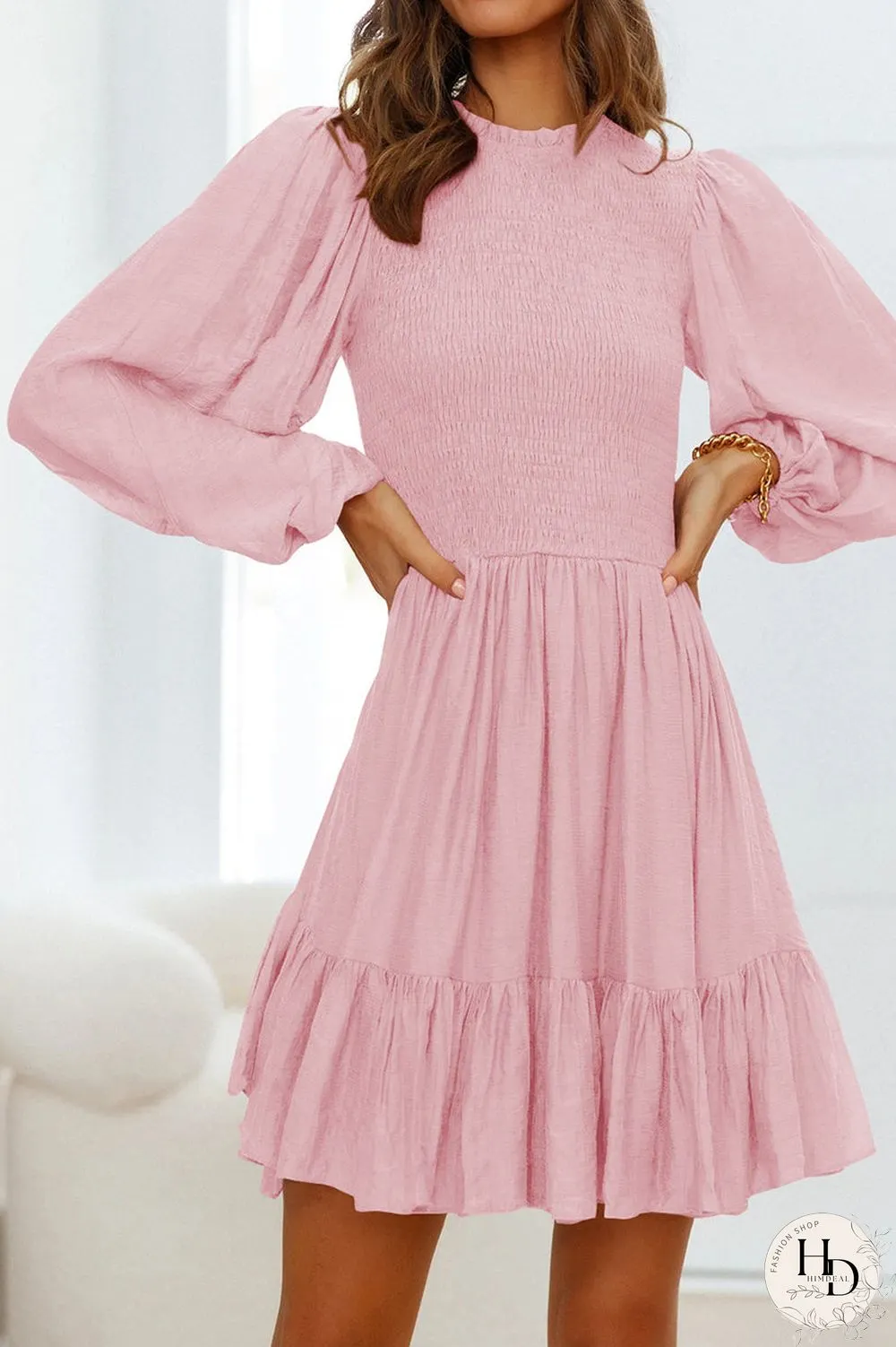 Fashion Solid Flounce O Neck Long Sleeve Dresses(11 Colors)
