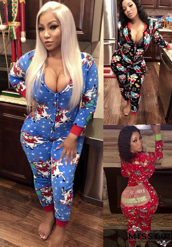 Christmas Women Printed Long Sleeve Jumpsuit