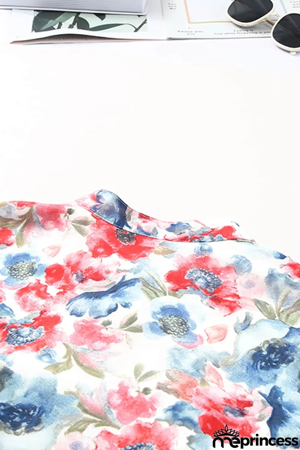 Sky Blue Vintage Floral Print Drawstring Flowy Dress