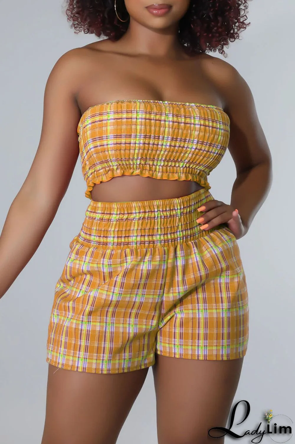 Yellow Casual Plaid Print Split Joint Strapless Sleeveless Two Pieces