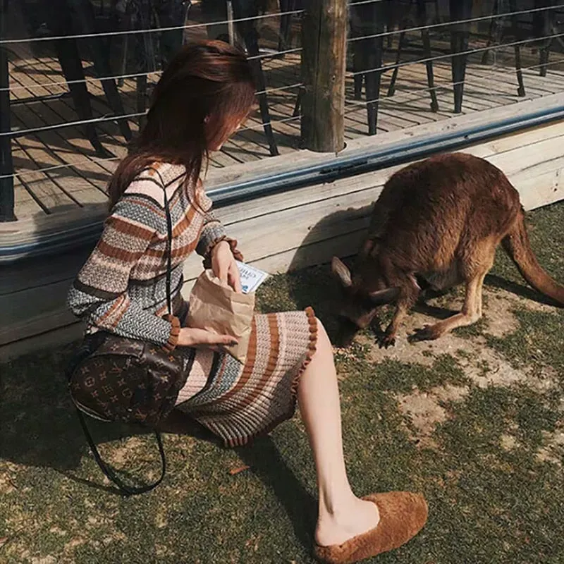 Elegant Striped Autumn Winter Dress Vintage Slim Women Sweater Dress O-neck Women Knitted Dress Female Midi Jumpers Dress 2019