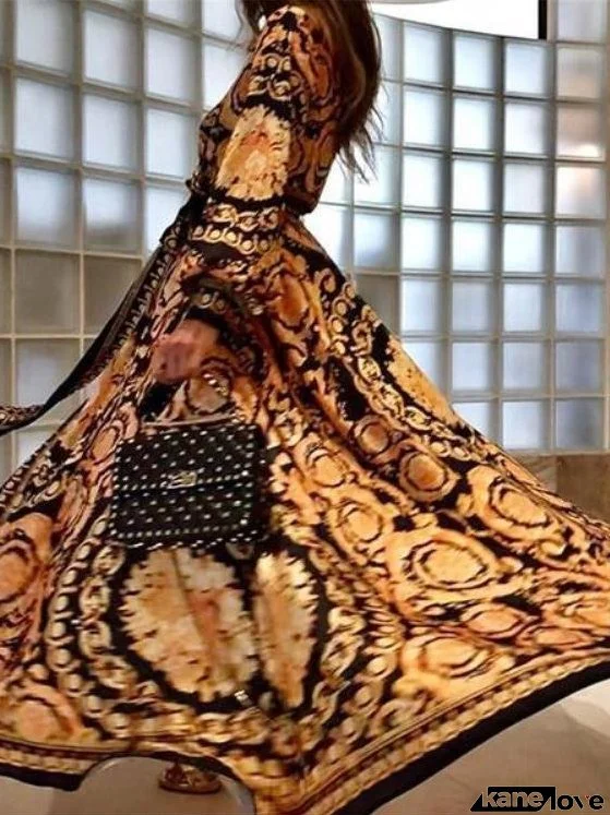 V-Neck Long Sleeve Vintage Print Dress for Women