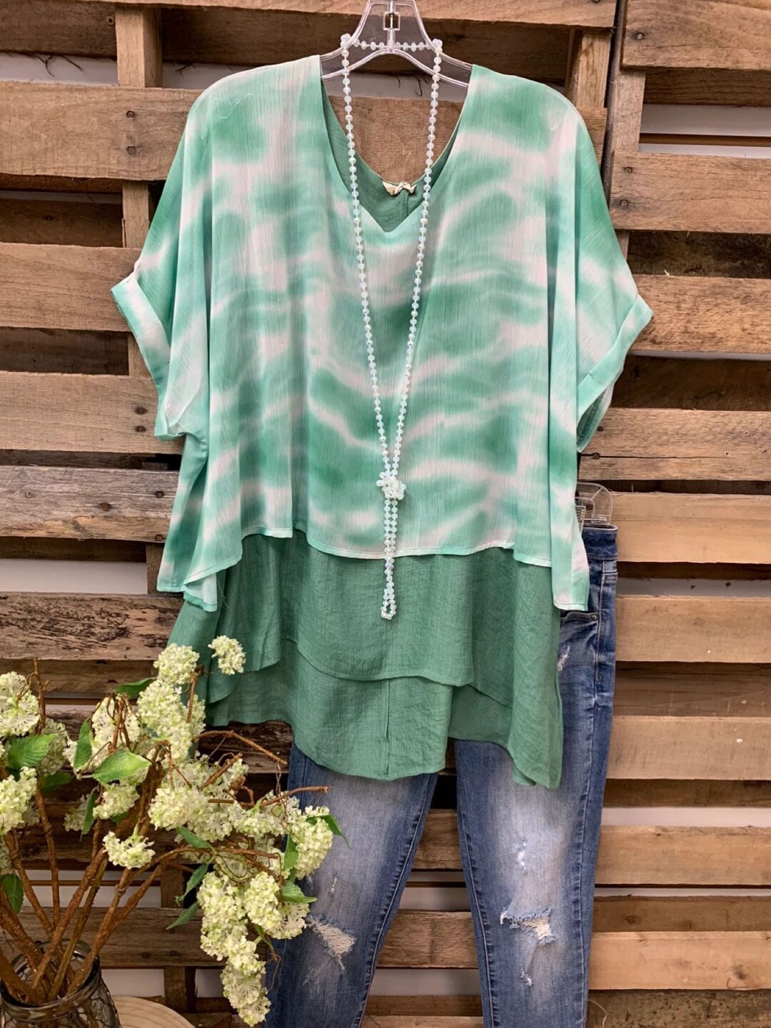 Ladies tie-dye multi-layer stitching short-sleeved T-shirt