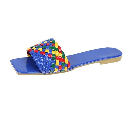 2021 Slippers Women Summer Square Toe Casual Flat Ladies Multicolor Slides Female Weave Flip Flops Women's Home Shoes Plus Size