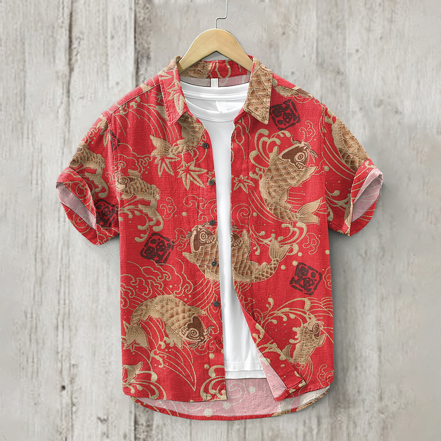 menweary Vintage Japanese Art Koi Pattern Linen Blend Cozy Shirt
