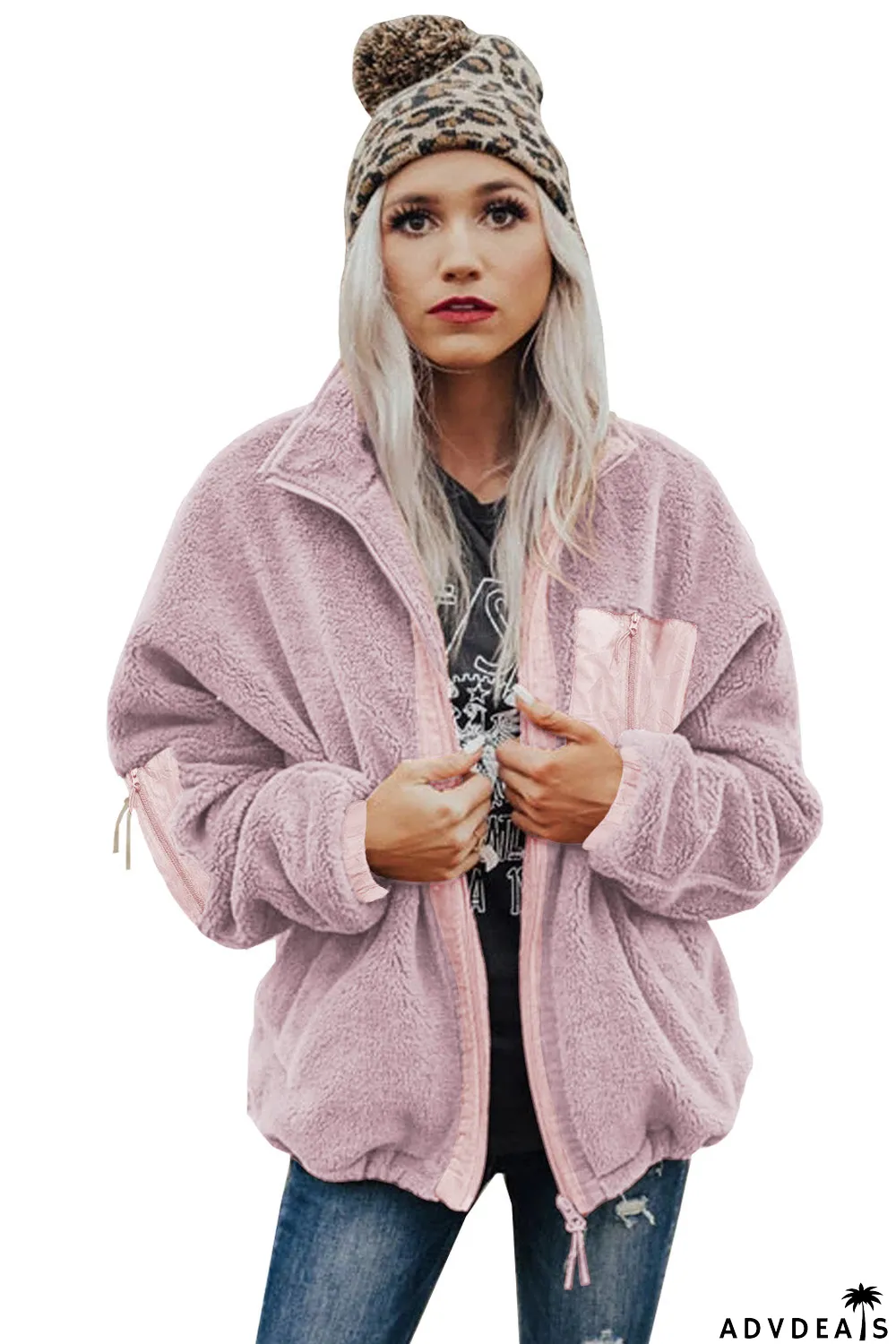 Zip Up Sherpa Coat With Pocket
