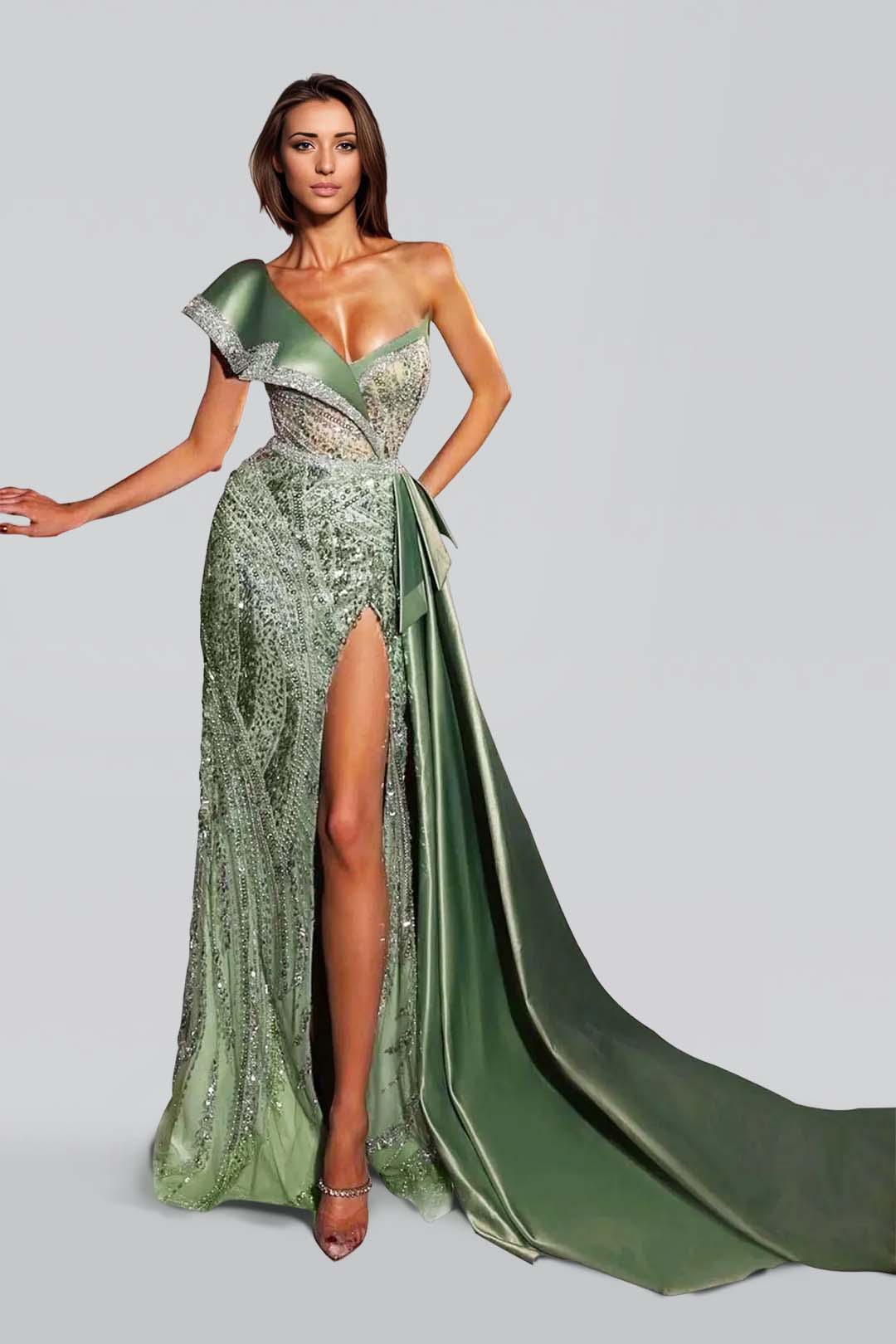  Green Sequins Prom Dress One Shoulder Charmeuse with Sleeveless Trail High Slit YL0281