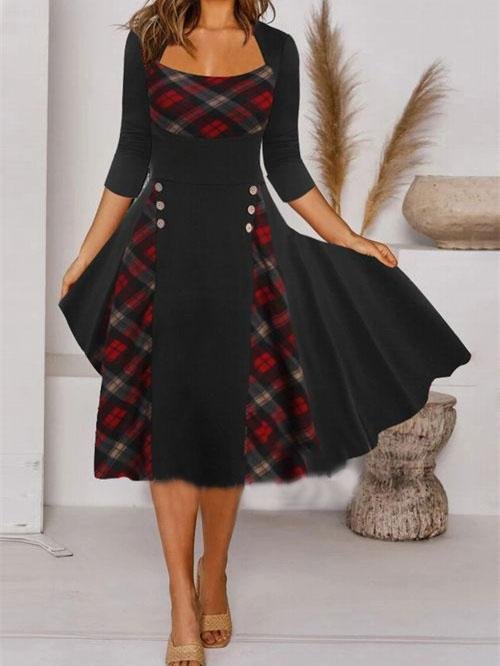 Women's Long Sleeve Scoop Neck Plaid Stitching Midi Dress