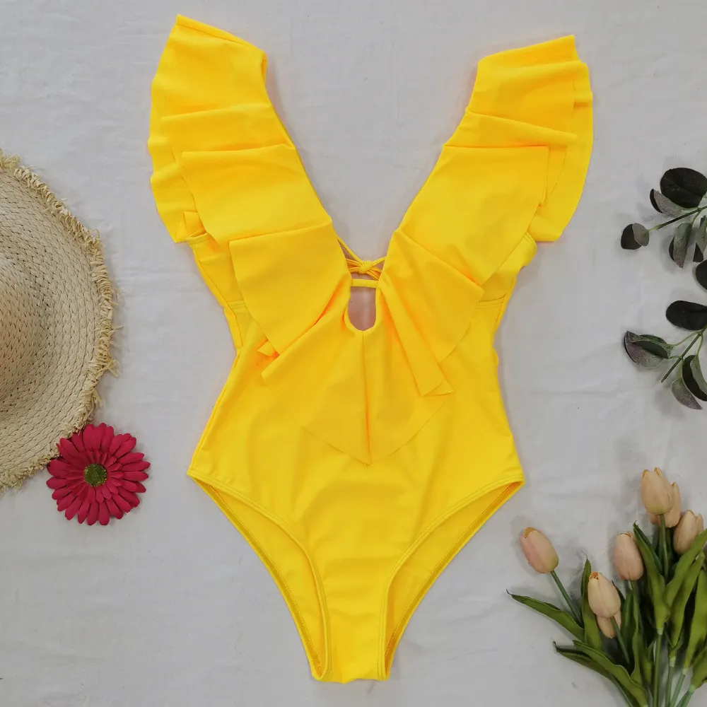 Brownm Printed Flowers Even Lotus Leaf Side Body Swimsuit Women 2025 New Swimsuit Bare Back