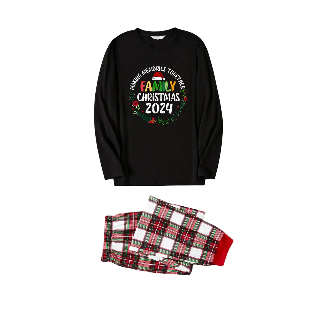 "Family Christmas 2024 Making Memories Together" Pattern Ⅱ- Black Top with Red & White & Green Plaid Pants Family Matching Pajamas