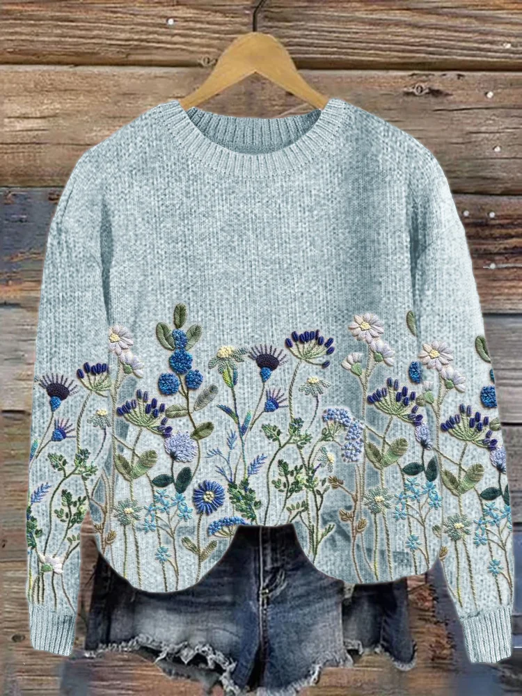 VChics Blue Flowers Embroidery Art Cozy Knit Sweater