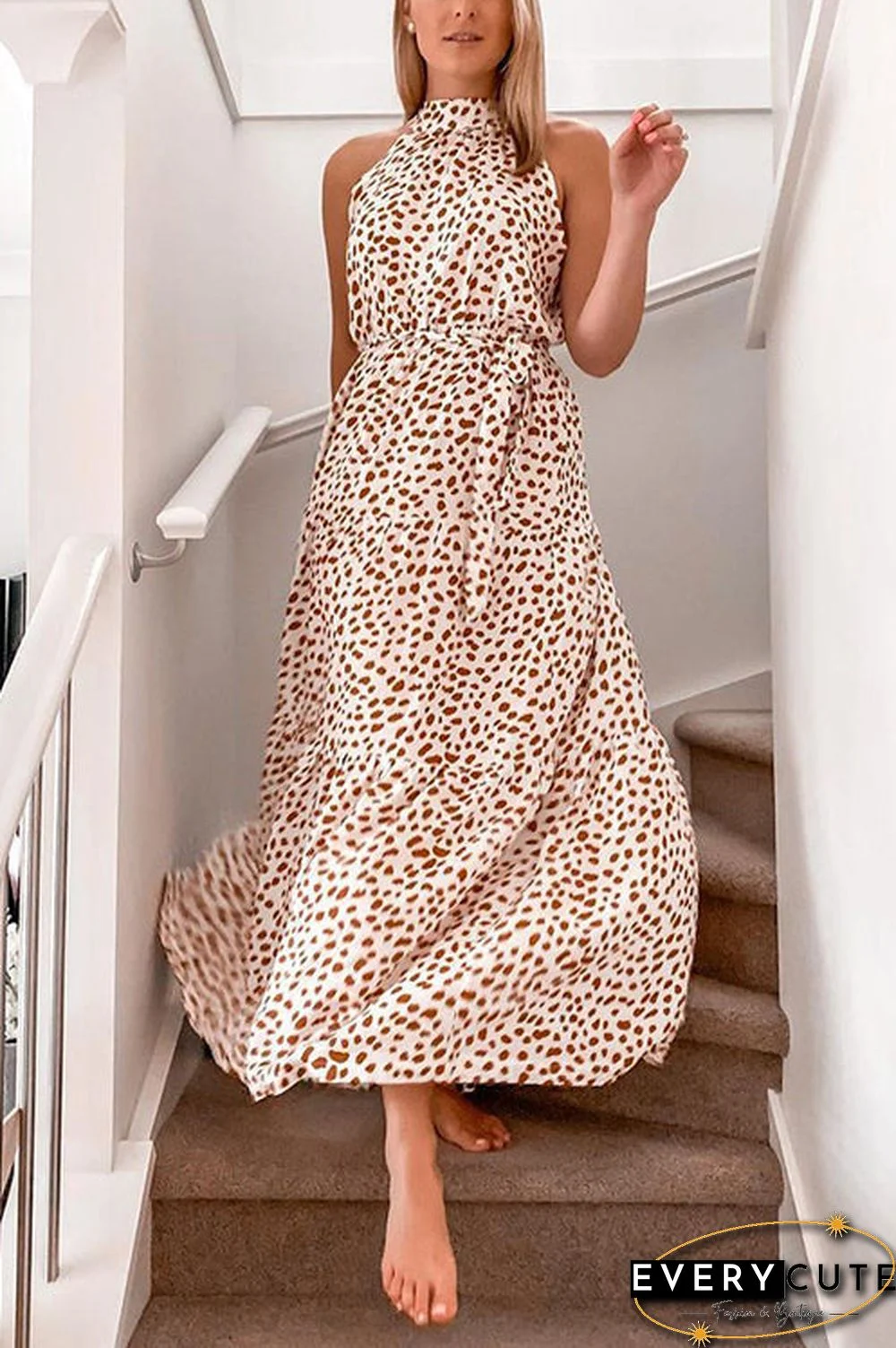 Print Belted Sleevelss Maxi Dress