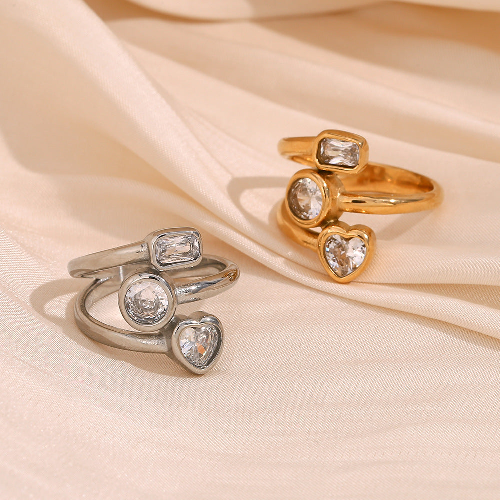 Fashion Personality Niche Design Hand Jewelry Stainless Steel Plated 18K Gold Multi-Layer Geometric Zircon Ring Female