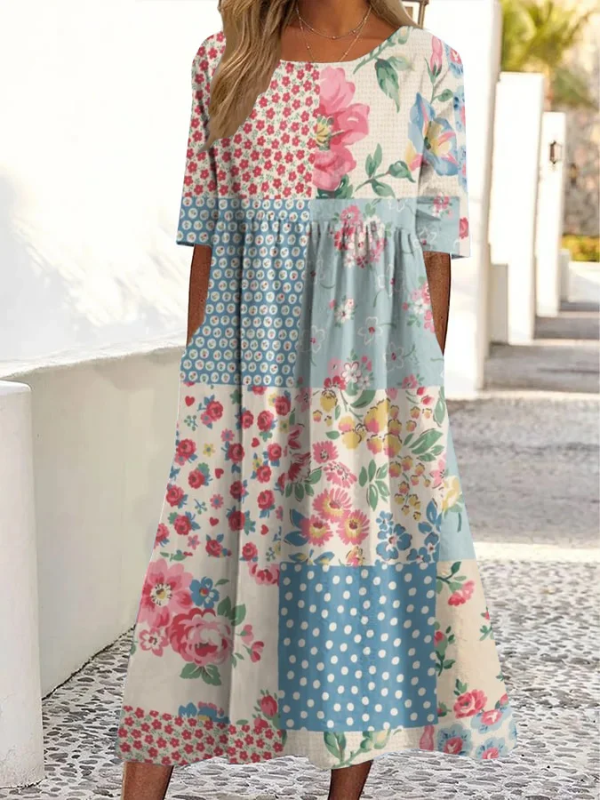 Vintage Floral Print Crewneck Pocket Midi Dress