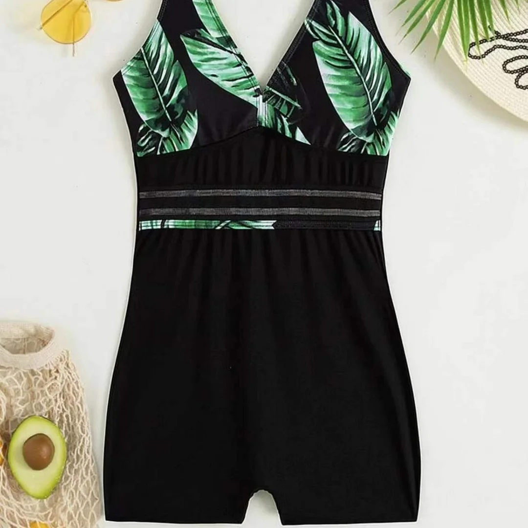 Uveng 2022 New Leaf Print Flat-Angleed Panties Jumpsuit