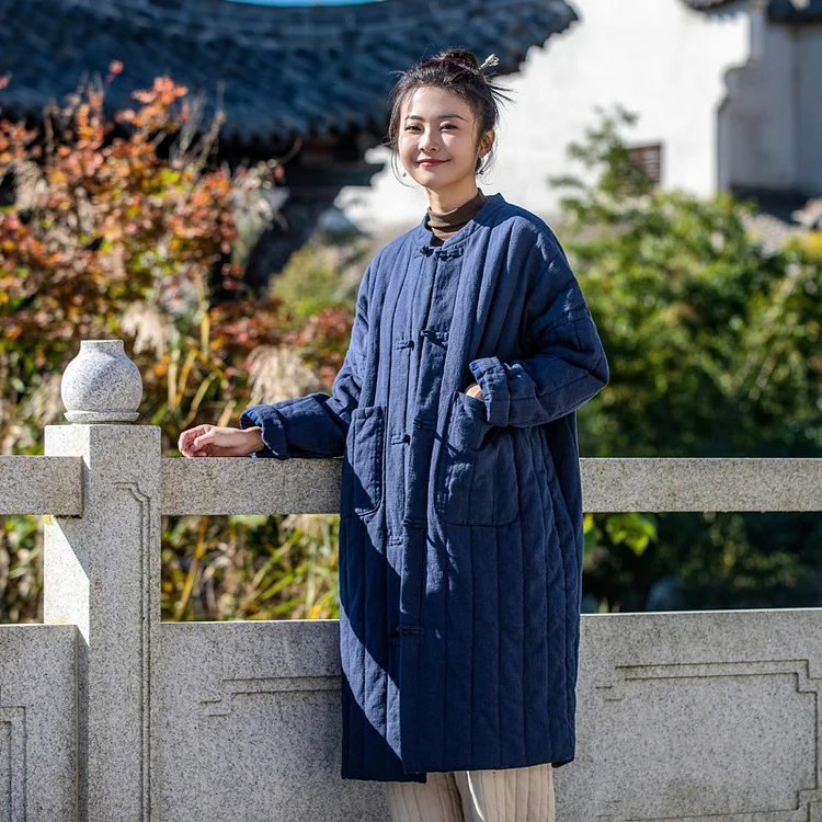 Vintage Splicing Stand Collar Long Sleeve Cotton Coat - yankia