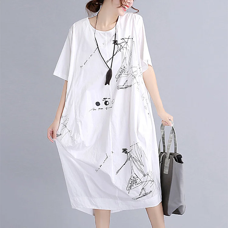 fine white cotton dress plus size traveling dress vintage o neck prints natural cotton dress