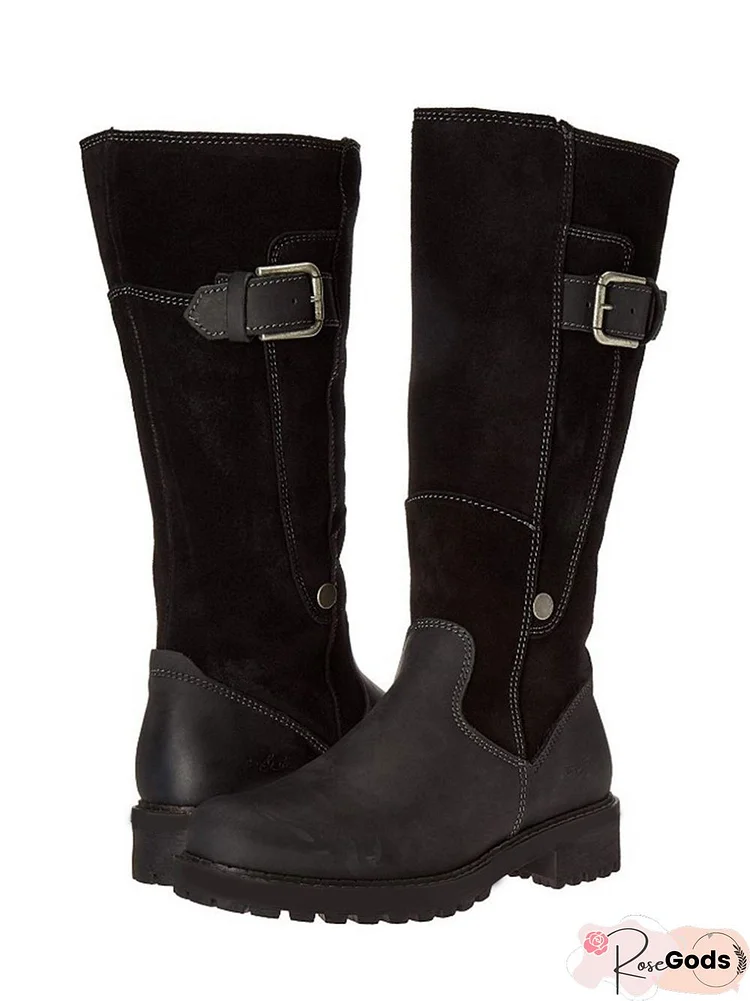 Vintage Patch Buckle Chunky Heel Zip-Up Boots Rider Boots