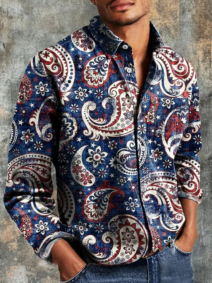 Men's Vintage Abstract Paisley Art Print Long Sleeve Pocket Shirt