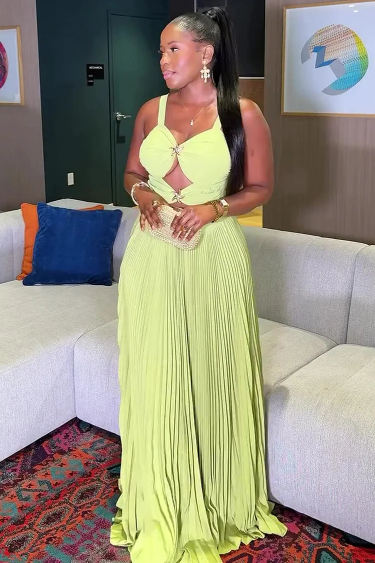 Gathered Cutout Pleated Hem Sleeveless Party Maxi Dresses-Green [Pre Order]
