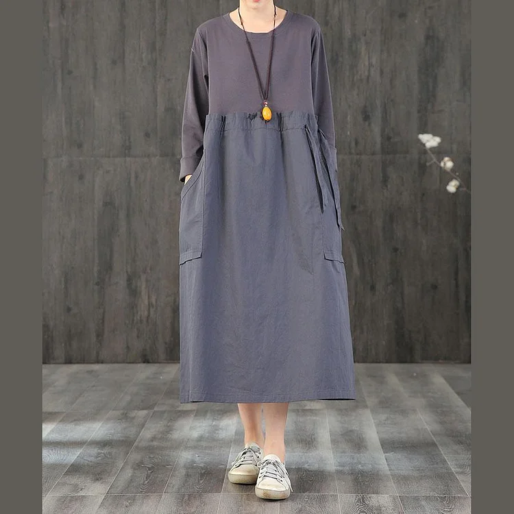 Organic o neck patchwork quilting dresses Catwalk dark gray Plus Size Dress