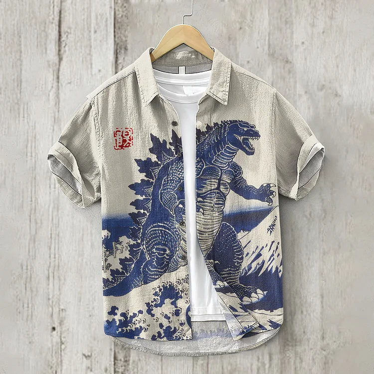 Vintage Godzilla & Waves Art Print Short Sleeved Linen Blend Shirt