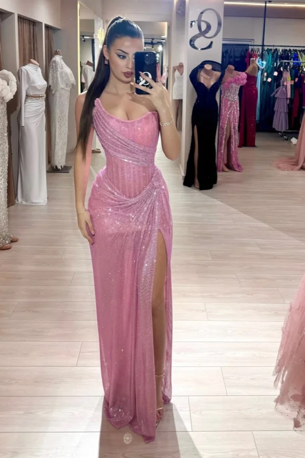Light Purple Split Shining Strapless Sequins Prom Dress ZT0646