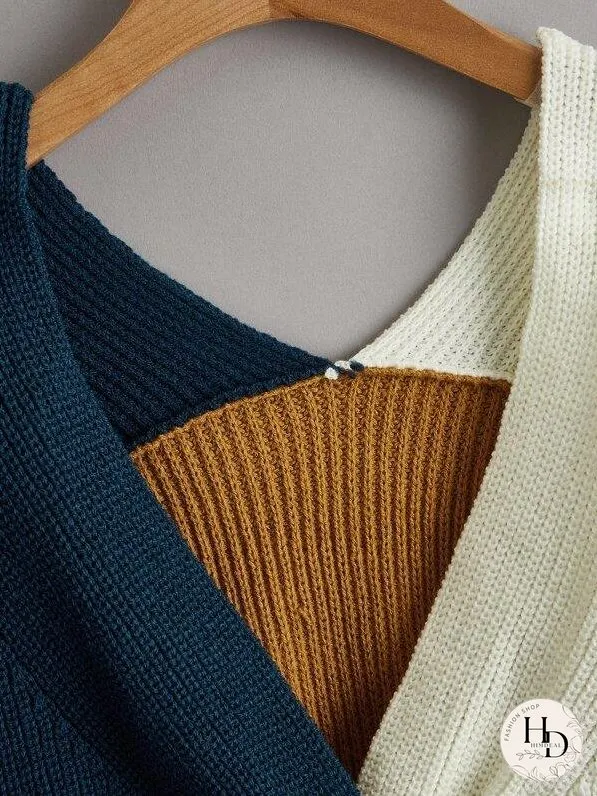 Colorblock Twist-Front Cropped Sweater
