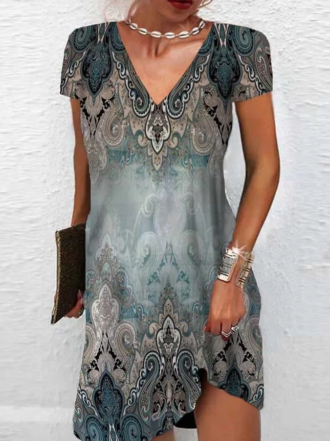 Women's Retro Print Casual Short Sleeve Dress