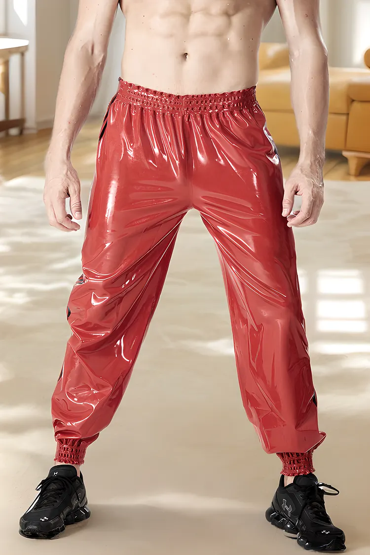 Men's Red Latex Pants Male Elasticated Sports Tracksuit Pants Loose-fitting Red Athletic Pants
