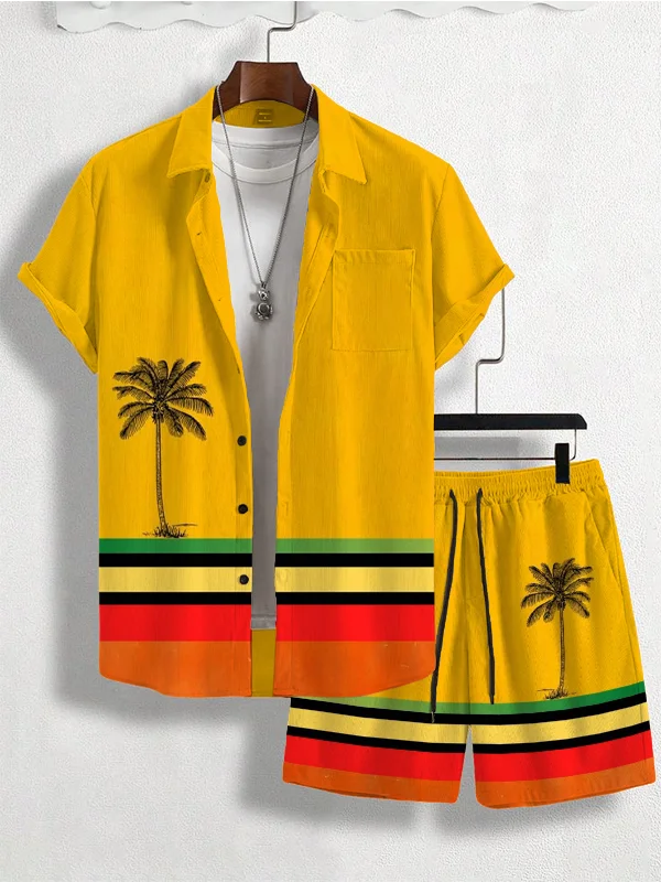 Men's Island Coconut Tree Resort Style Print Short Sleeve Shirt Set