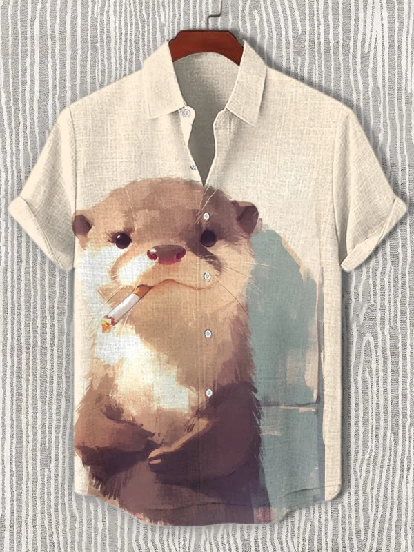 Men's Otter Smoking Funny Art Print Short Sleeve Shirt