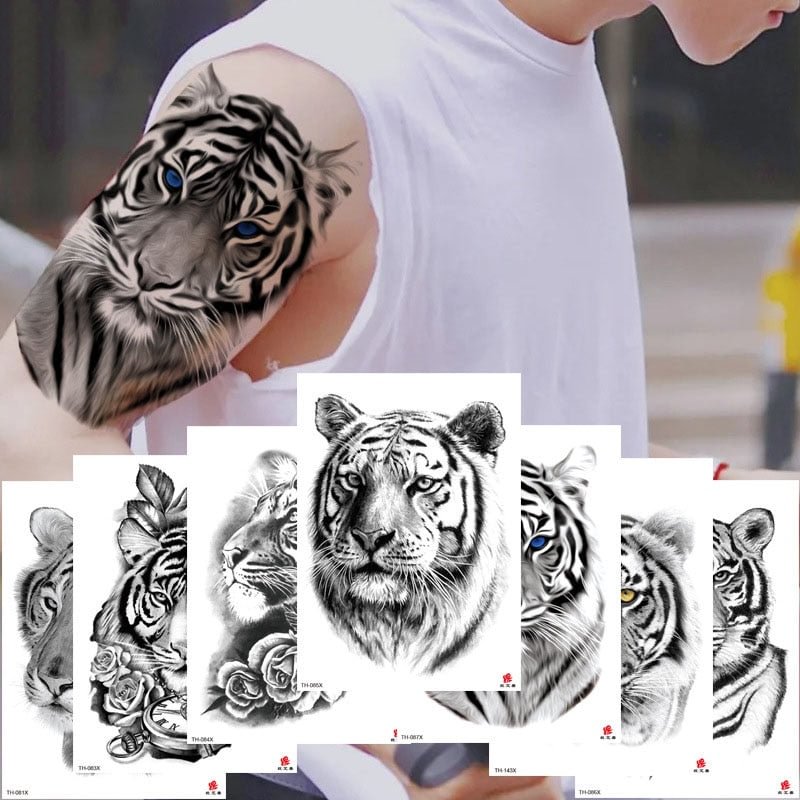 Waterproof Temporary Tattoo Sticker Lion King Clock Tiger Pattern Fake Tatto Black Body Art for Women Men Tattoo Sticker