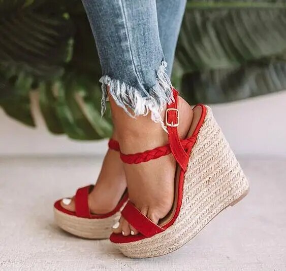VCSHOES Girls Blue Nude Black Brown Red Buckle Wedge Platform Sandals One Line Open Toe High Heel Sandals Casual Shoes