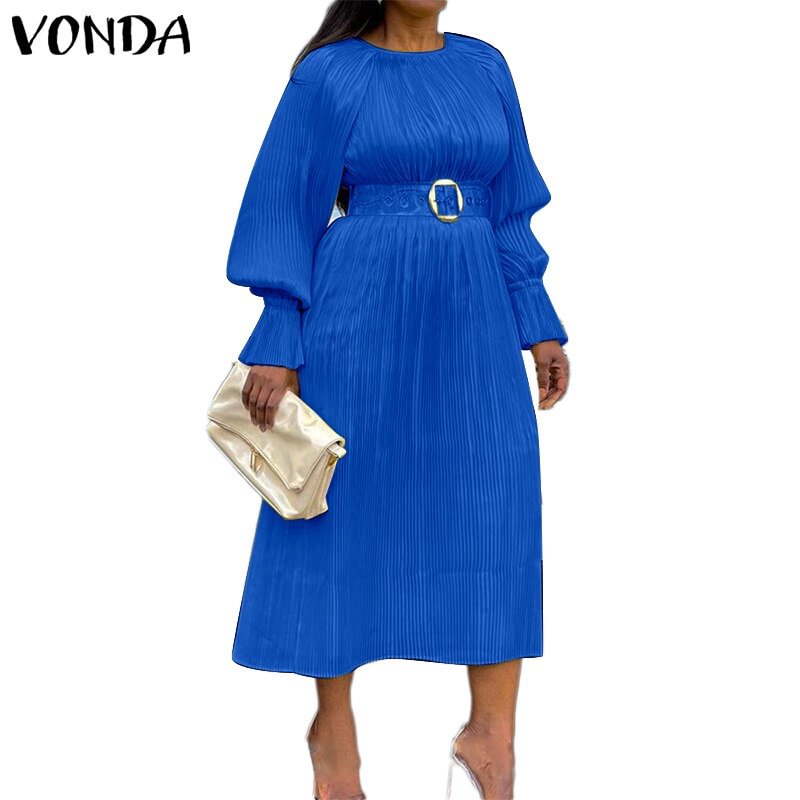 Women Solid Dress VONDA Women Long Sleeve O Neck Party Dresses High Waist Pleated Robes Loose Office Formal A-Lined Vestidos
