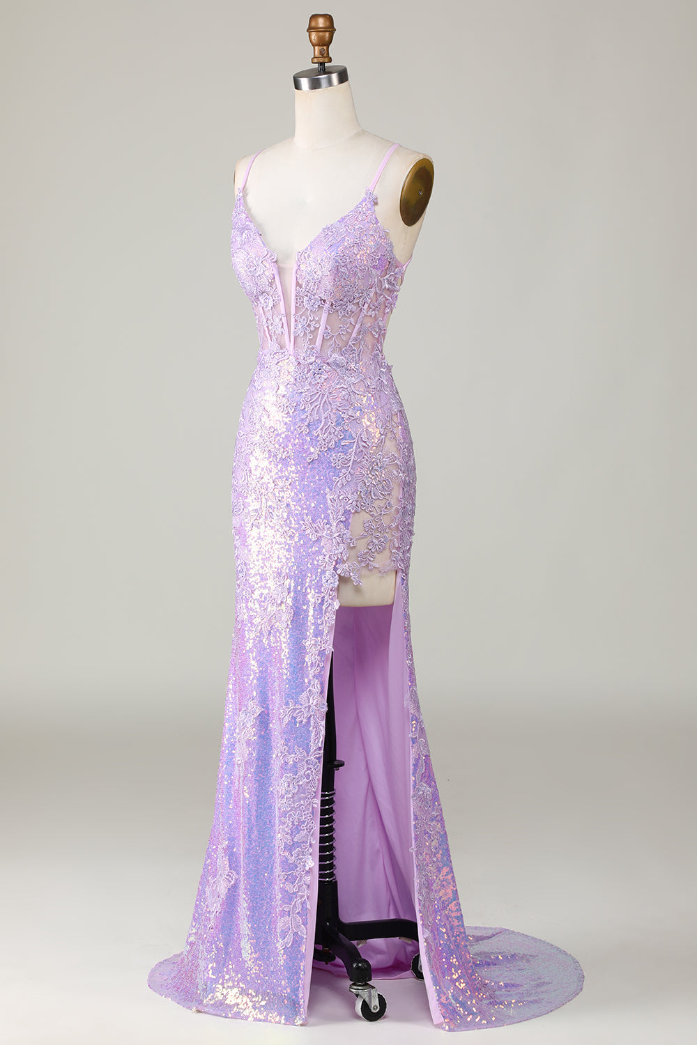 Lvs&Broner Spaghetti Strap Backless Sleeveless Appliques Long Prom Dress With Split