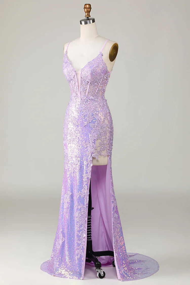 Hellodresses Spaghetti Strap Backless Sleeveless Appliques Long Prom Dress With Split