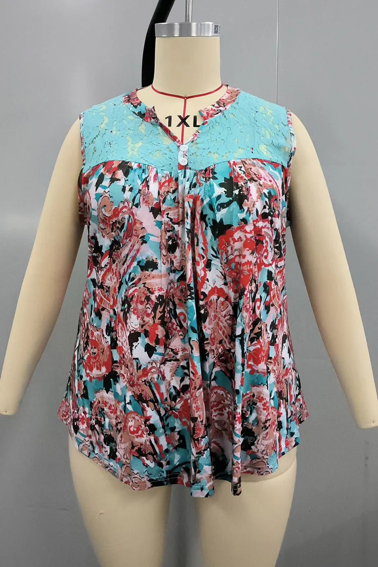 Plus Size Lace Stitching Split Neck All Over Print Tank Top  Flycurvy [product_label]