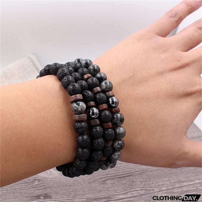 Men’s Stylish White Crystal Volcanic Rocks Beaded String Bracelet