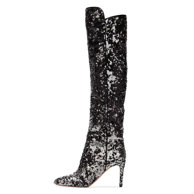 Black and Silver Sequined High Heel Boots Knee-high Boots |FSJ Shoes
