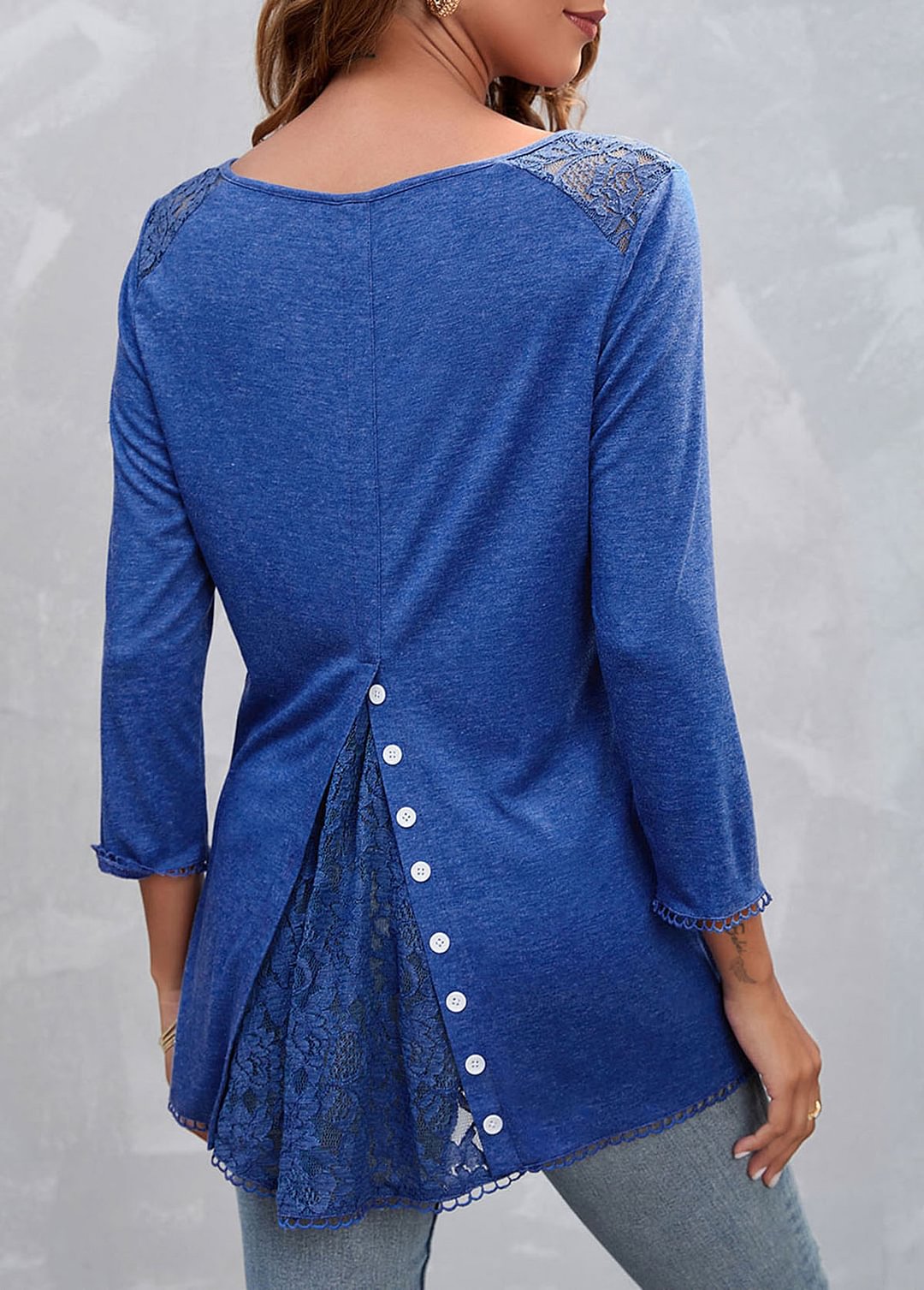 Blue Lace Stitching Split Neck T Shirt