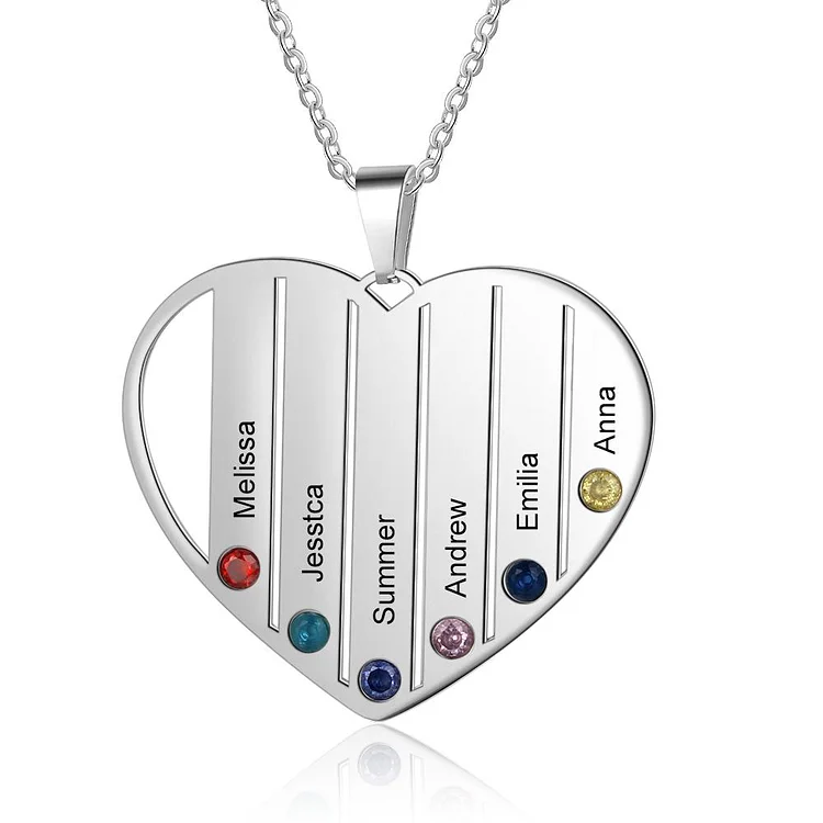 Mom Birthstone Necklace Heart Necklace with 6 Birthstone Personalized Engraved 6 Names in Silver