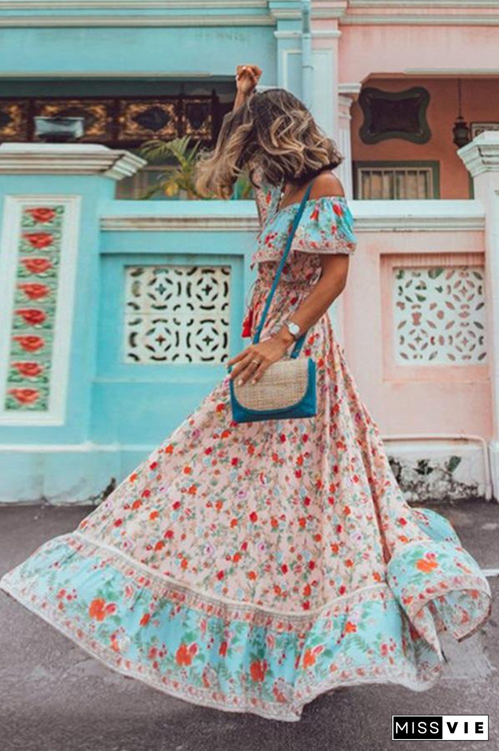 Vacation Sexy Off-the-shoulder Printed Dress P16148