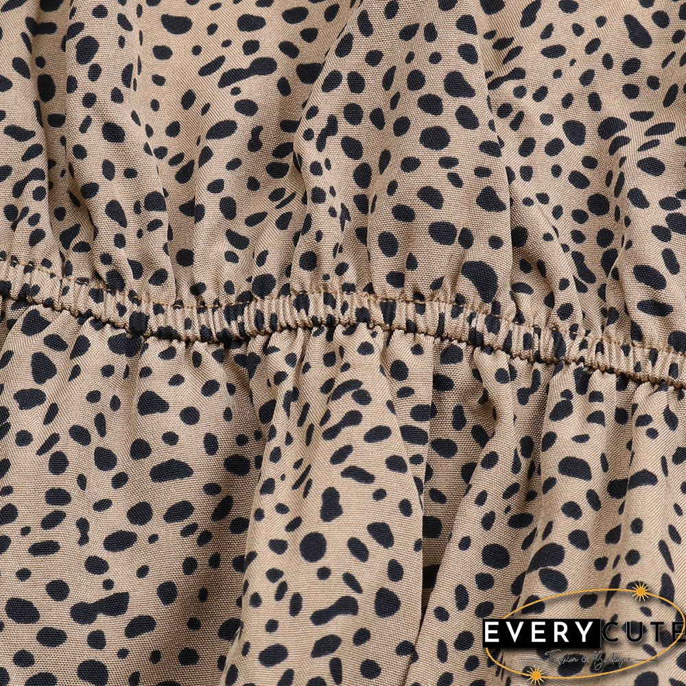 Khaki Leopard Ruffle Detail Long Sleeve Maxi Dress