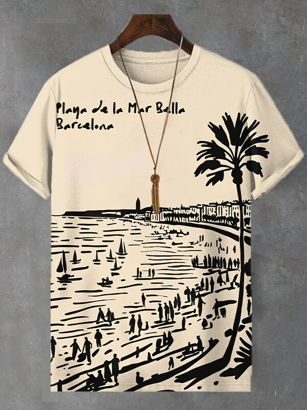 Men's Playa De La Mar Bella Barcelona Art Print T-Shirt