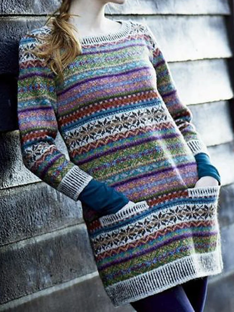 Vintage Autumn Color Block Pockets High Elasticity Sports Long Sleeve Loose Mid-Long Sweater For Women